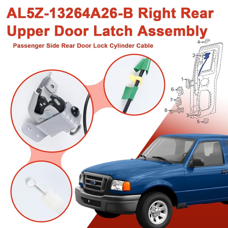 FEIMAOTUI AL5Z-13264A26-B Right Rear Upper Door Latch Assembly Compatible with Ford Ranger 1998-2011 Passenger Side Rear Door Lock Cylinder Cable Replace# AL5Z13264A26B - Image 5